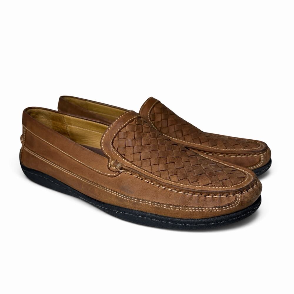Johnston & Murphy Leather Loafers Mens Sz 12 M Brown Woven Slip On Brazil